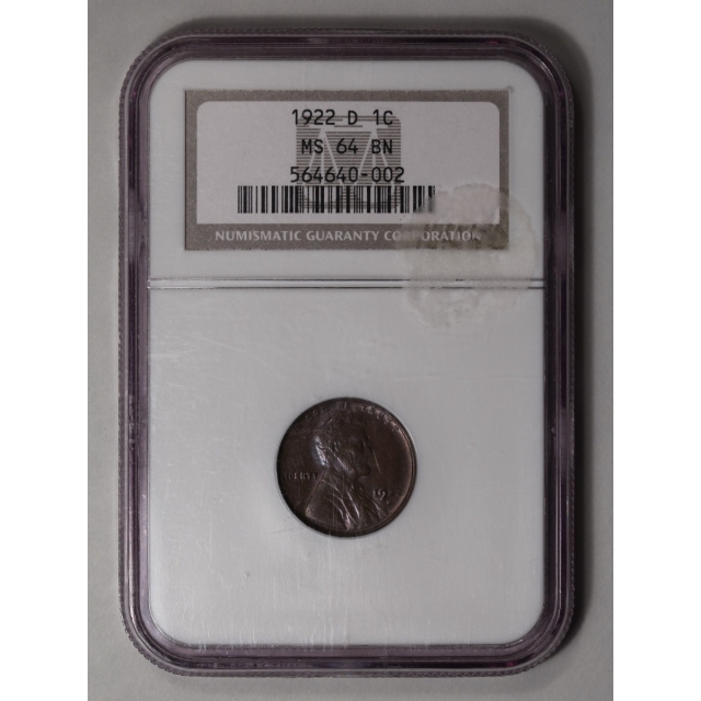 1922-D 1C Lincoln Cent - Type 1 Wheat Reverse NGC MS64 BN