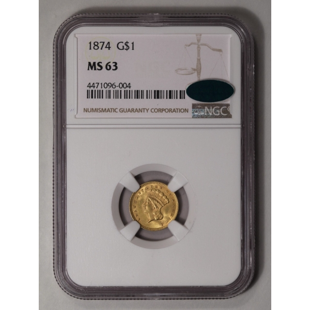1874 Gold Dollar - Type 3 G$1 NGC MS63 (CAC)