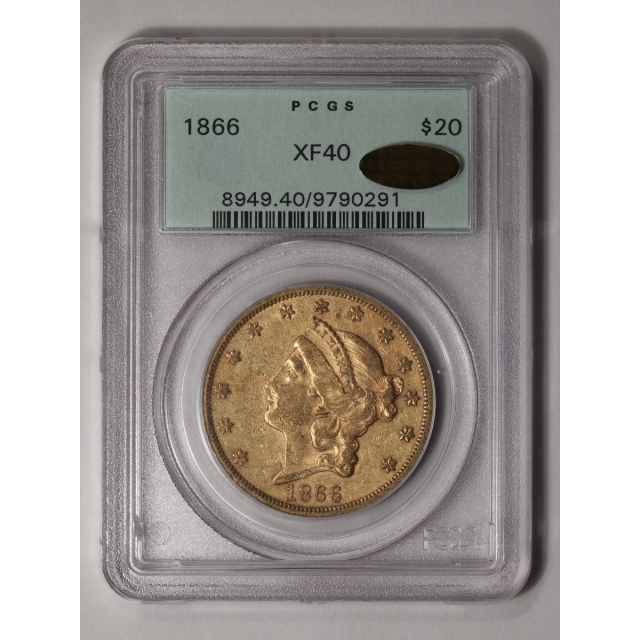1866 $20 Motto Liberty Head Double Eagle PCGS XF40 (CAC_GOLD)