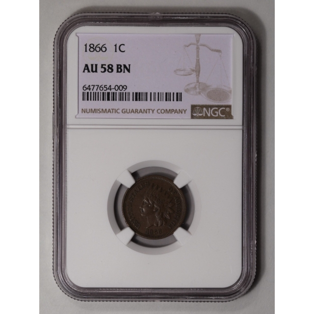 1866 Bronze Indian Cent 1C NGC AU58BN