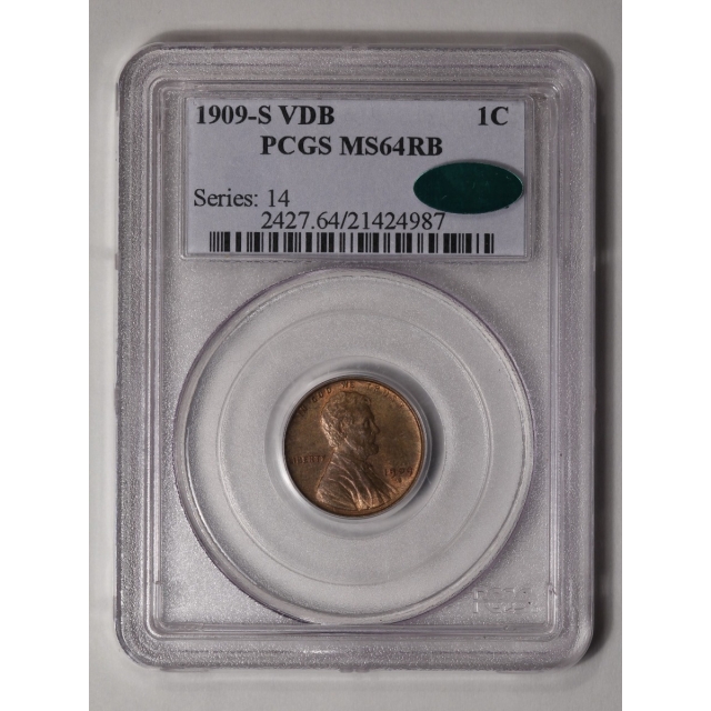 1909-S VDB 1C Lincoln Cent - Type 1 Wheat Reverse PCGS MS64RB (CAC)