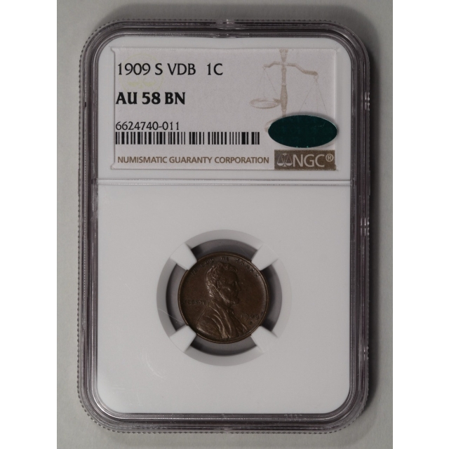 1909-S VDB Wheat Reverse Lincoln Cent 1C NGC AU58BN (CAC)