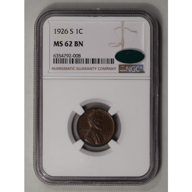 1926-S Wheat Reverse Lincoln Cent 1C NGC MS62BN (CAC)