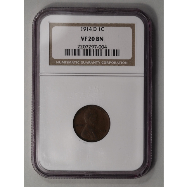 1914-D 1C Lincoln Cent - Type 1 Wheat Reverse NGC VF 20 BN