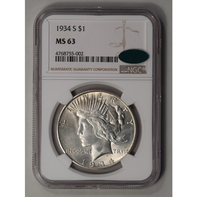 1934-S Peace Dollar S$1 NGC MS63 (CAC)