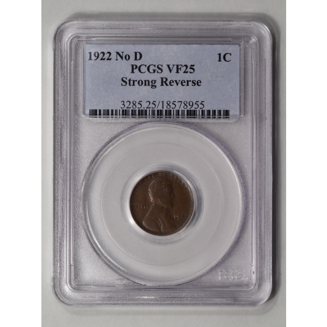 1922 No D 1C Strong Reverse Lincoln Cent - Type 1 Wheat Reverse PCGS VF25BN