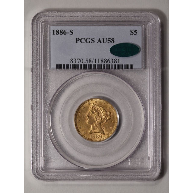 1886-S $5 Liberty Head Half Eagle PCGS AU58 (CAC)