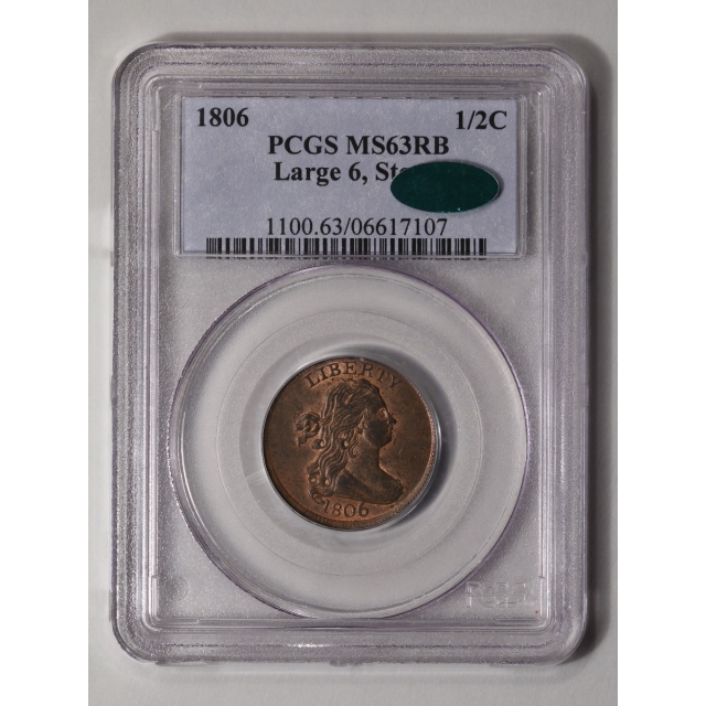 1806 1/2C Large 6, Stems Draped Bust Half Cent PCGS MS63RB (CAC)