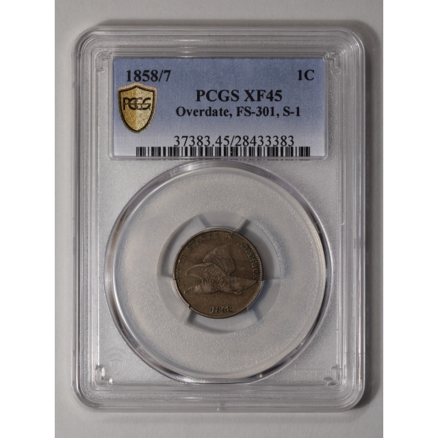 1858/7 1C Overdate FS-301 S-1 Flying Eagle Cent PCGS XF45