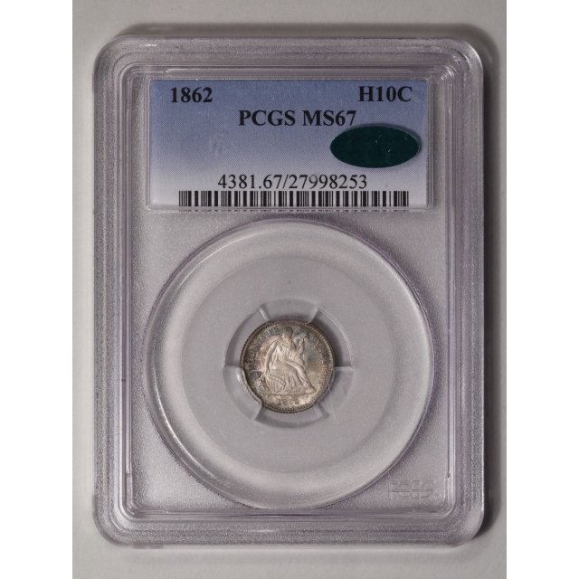 1862 H10C Liberty Seated Half Dime PCGS MS67 (CAC)