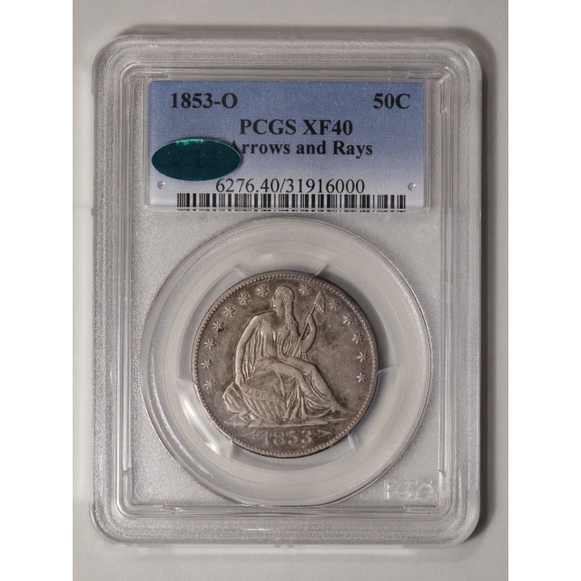 1853-O 50C Arrows and Rays Liberty Seated Half Dollar PCGS XF40 (CAC)