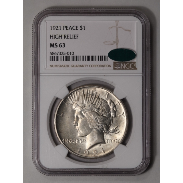 1921 Peace Dollar HIGH RELIEF S$1 NGC MS63 (CAC)