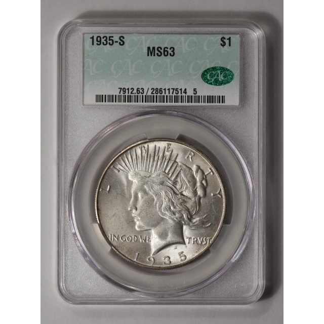 1935-S $1 Peace Dollar CACG MS63 (CAC)