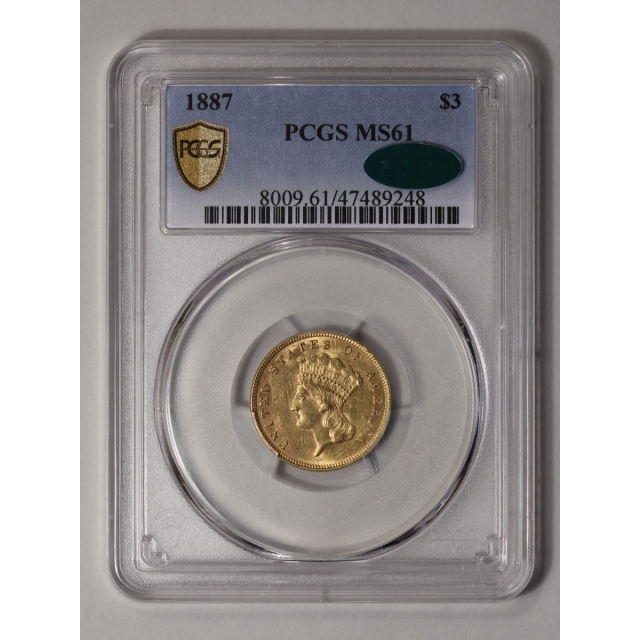 1887 $3 Three Dollar PCGS MS61 (CAC)