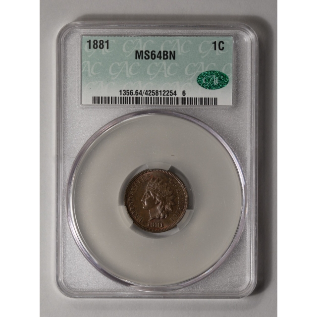 1881 1C Indian Cent - Type 3 Bronze CACG MS64BN (CAC)