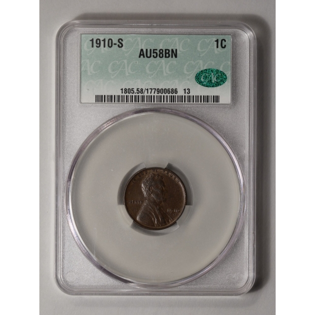 1910-S 1C Lincoln Cent - Type 1 Wheat Reverse CACG AU58BN (CAC)