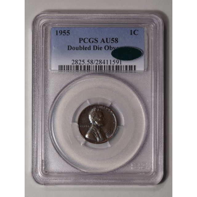 1955 1C Doubled Die Obverse Lincoln Cent - Type 1 Wheat Reverse PCGS AU58BN (CAC)