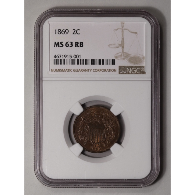 1869 Two Cent Piece 2C NGC MS63RB