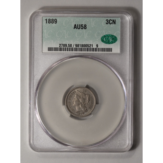 1889 3CN Three Cent Nickel CACG AU58 (CAC)
