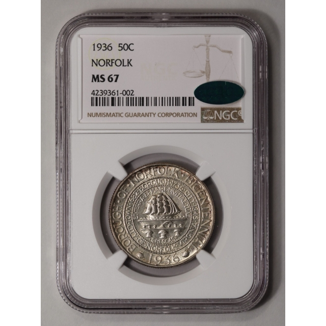 NORFOLK 1936 Silver Commemorative 50C NGC MS67 (CAC)