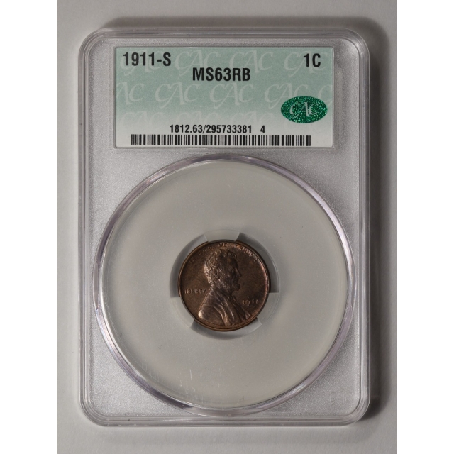 1911-S 1C Lincoln Cent - Type 1 Wheat Reverse CACG MS63RB (CAC)