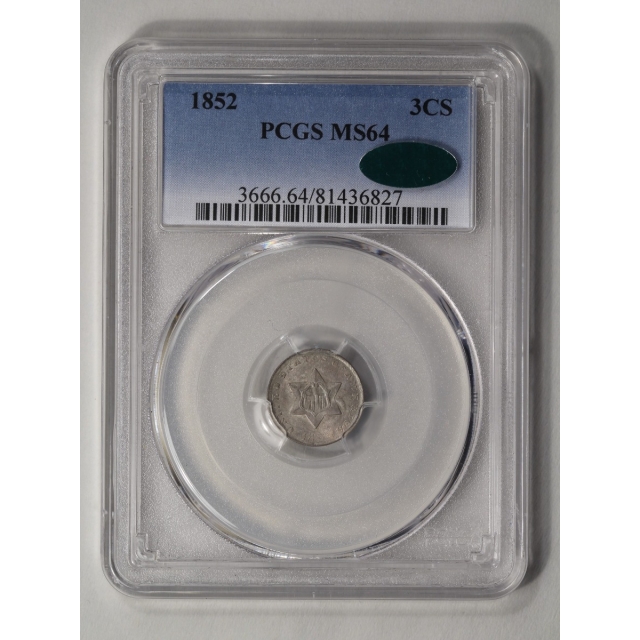 1852 3CS Three Cent Silver PCGS MS64 CAC