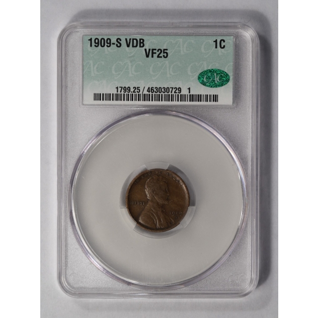 1909-S VDB 1C Lincoln Cent - Type 1 Wheat Reverse CACG VF25BN (CAC)