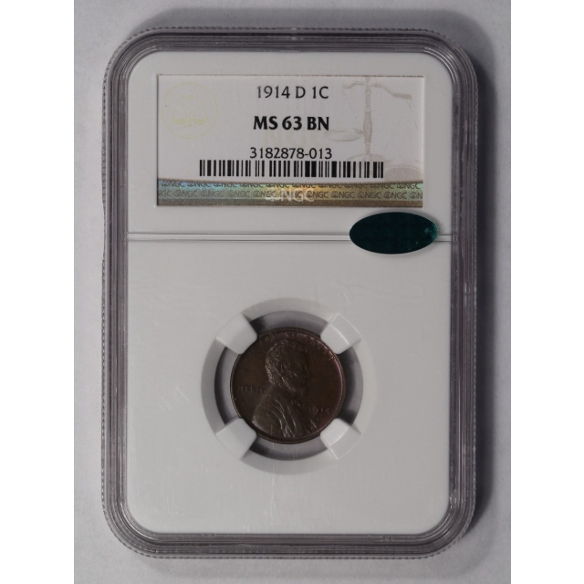 1914-D Wheat Reverse Lincoln Cent 1C NGC MS63BN (CAC)