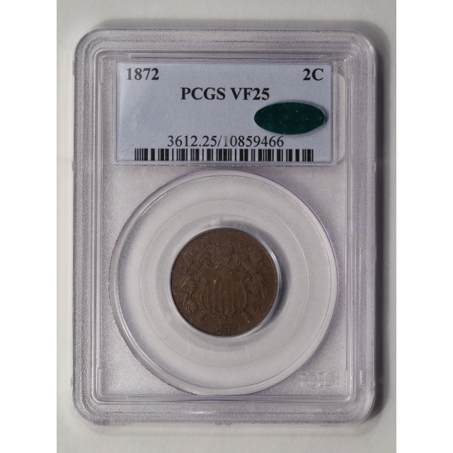1872 2C Two Cent Piece PCGS VF25BN (CAC)