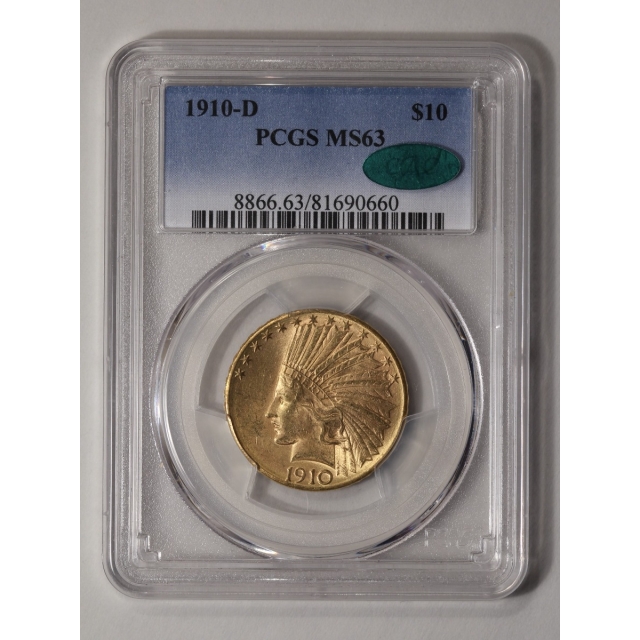 1910-D $10 Indian Head PCGS MS63 (CAC)