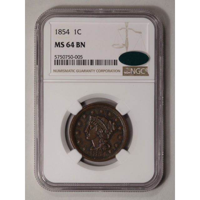 1854 Coronet, Braided Hair Cent 1C NGC MS64BN (CAC)