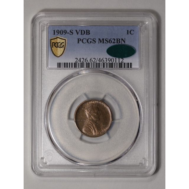 1909-S VDB 1C Lincoln Cent - Type 1 Wheat Reverse PCGS MS62BN (CAC)