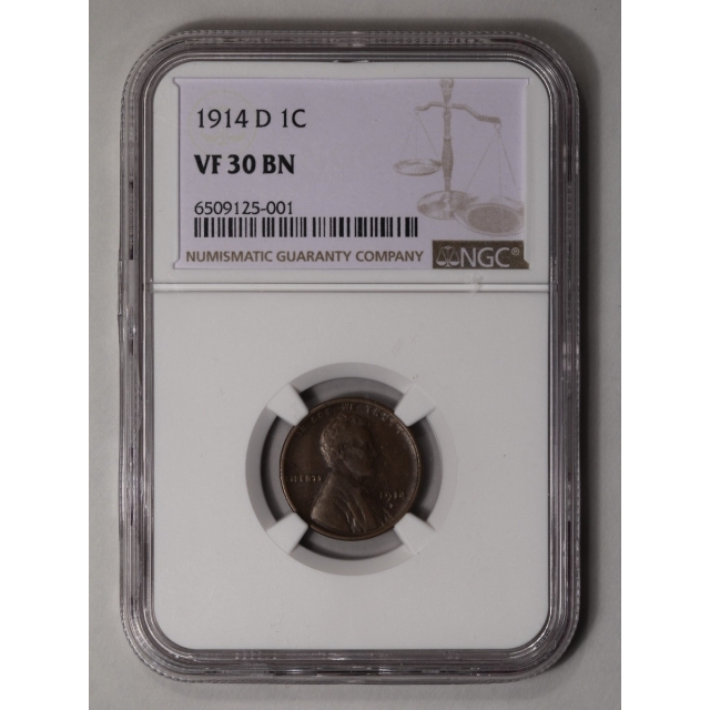 1914-D Wheat Reverse Lincoln Cent 1C NGC VF30BN