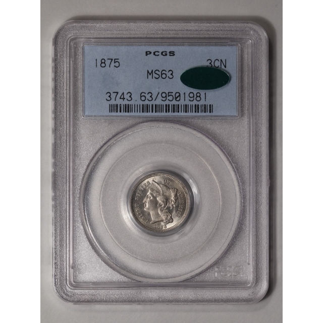 1875 3CN Three Cent Nickel PCGS MS63 (CAC)