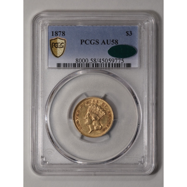 1878 $3 Three Dollar PCGS AU58 (CAC)