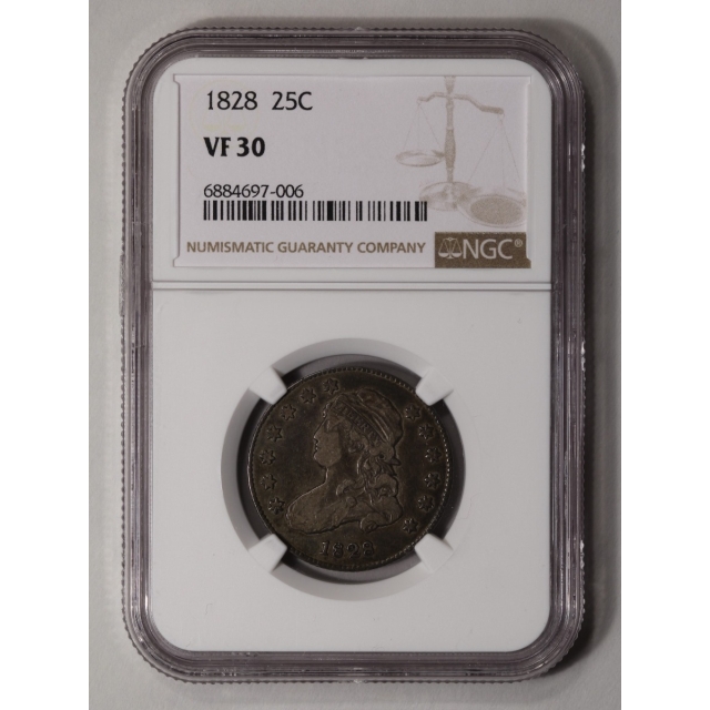 1828 Capped Bust, Large Size Quarter 25C NGC VF30