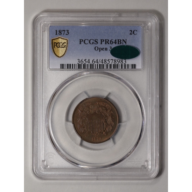 1873 2C Open 3 Two Cent Piece PCGS PR64BN (CAC)