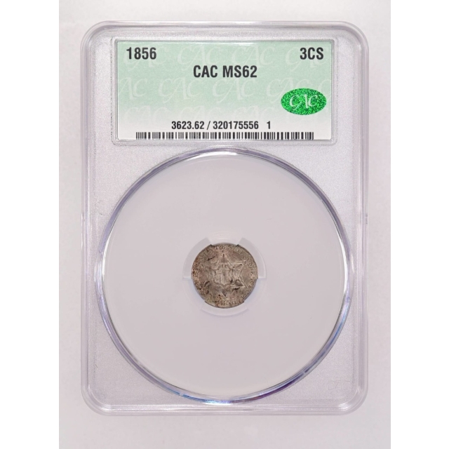 1856 3CS Three Cent Silver CACG MS62 (CAC)