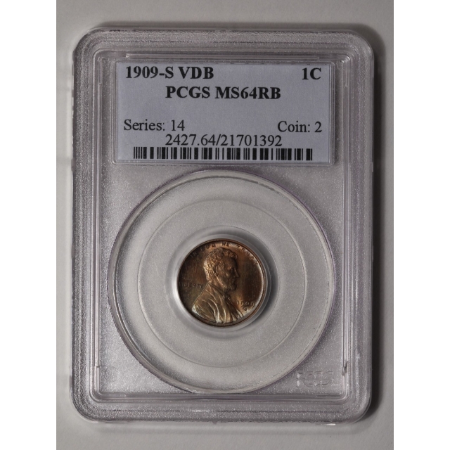 1909-S VDB 1C Lincoln Cent - Type 1 Wheat Reverse PCGS MS64RB