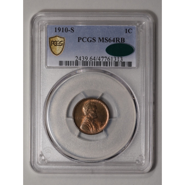 1910-S 1C Lincoln Cent - Type 1 Wheat Reverse PCGS MS64RB (CAC)