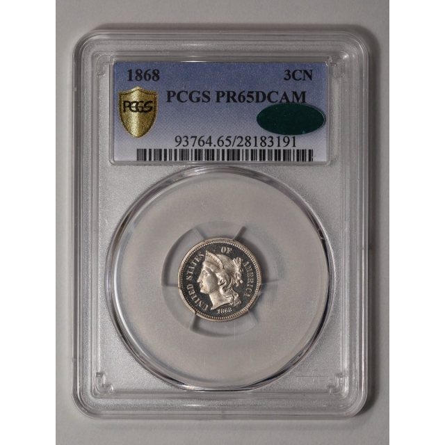 1868 3CN Three Cent Nickel PCGS PR65DCAM (CAC)