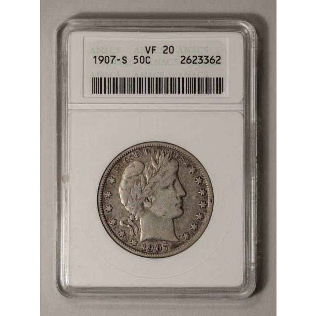 1907-S 50C Barber Half Dollar ANACS VF20