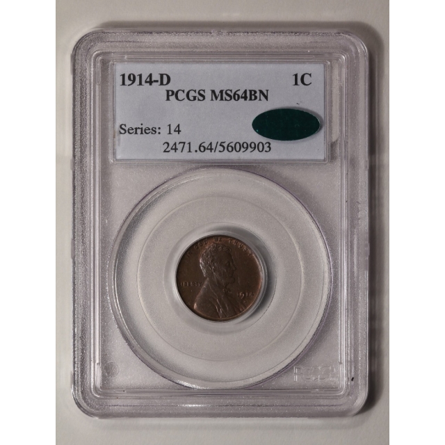 1914-D 1C Lincoln Cent - Type 1 Wheat Reverse PCGS MS64BN (CAC)