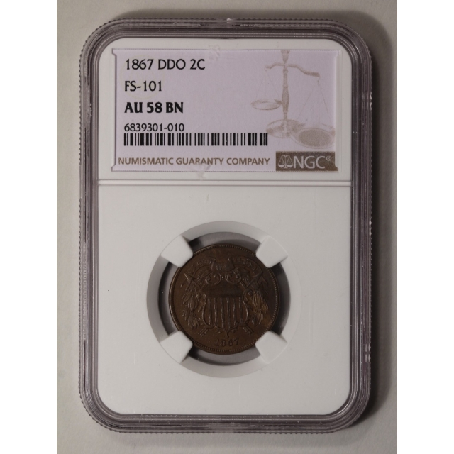 1867 DDO Two Cent Piece FS-101 2C NGC AU58BN