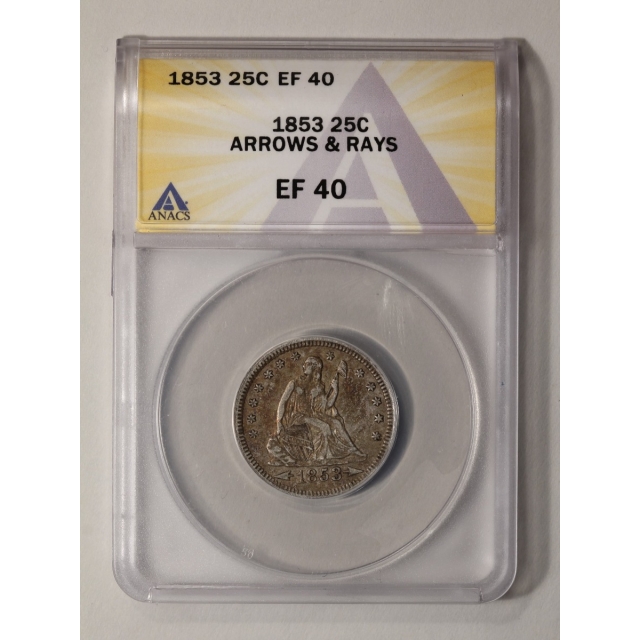 1853 25C Arrows and Rays Liberty Seated Quarter ANACS EF40