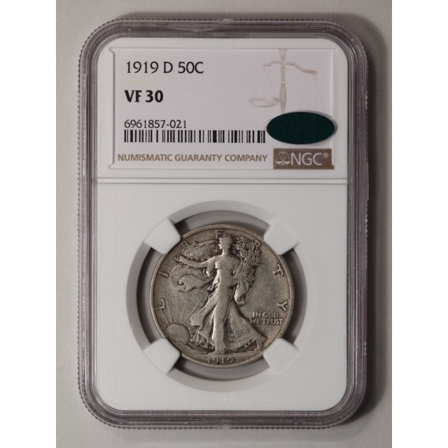 1919-D Walking Liberty Half Dollar 50C NGC VF30 (CAC)