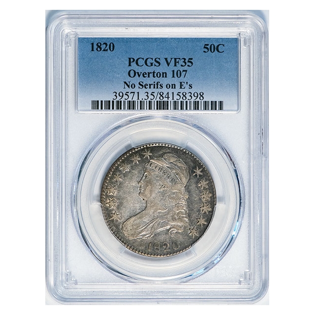 1820 50C Square 2, Large Date, No Knob Overton 107 Capped Bust Half Dollar PCGS VF35