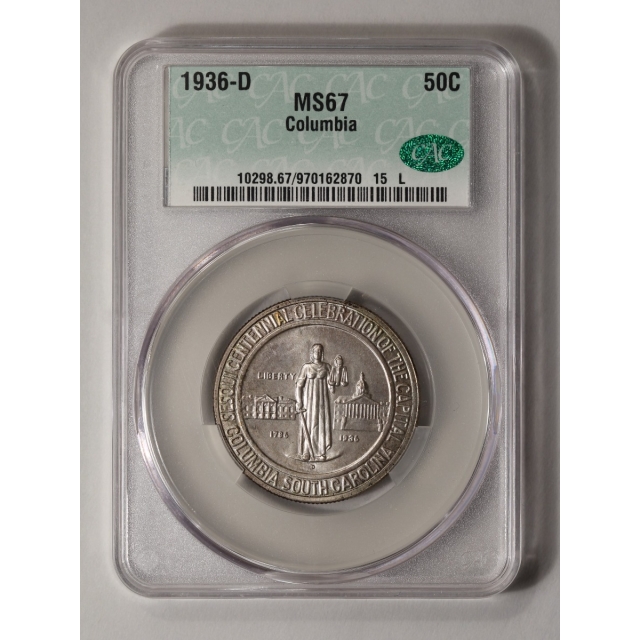 COLUMBIA 1936-D 50C Silver Commemorative CACG MS67 (CAC)