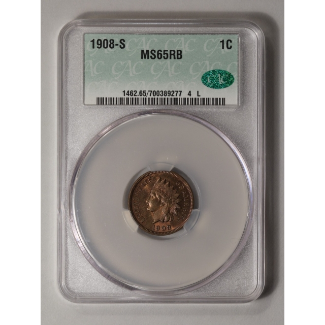 1908-S 1C Indian Cent - Type 3 Bronze CACG MS65RB (CAC)