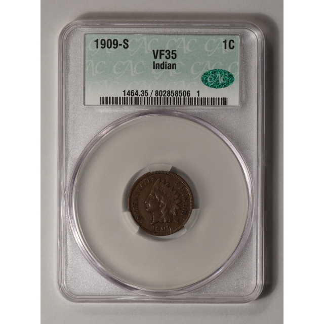1909-S 1C Indian Indian Cent - Type 3 Bronze CACG VF35BN (CAC)